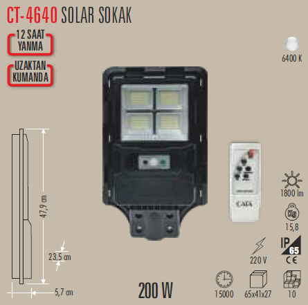 CATA CT-4640 200 Watt Solar Sokak Armatürü