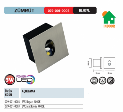 Horoz Zümrüt 3W Kare Led Gömme Armatür Beyaz Kasa